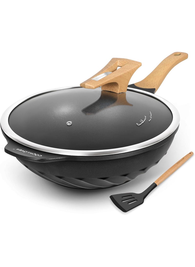 COOKLOVER Nonstick Woks And Stir Fry Pans Die-cast Aluminum Scratch Resistant 100% PFOA Free Induction Wok pan with Lid 12.6 Inch - BK - Image 1